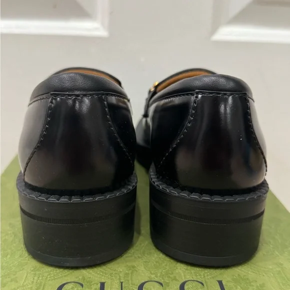 GUCCI Authentic Spice Lux Nappa Black Patent Gold Interlocking G Loafers US 4 34